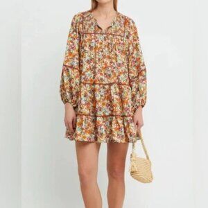Anthropologie Chicwish Dress Boho Flowy Mini Dress Size Medium Brown Floral